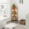 A bathroom corner with a wooden shelf unit, bathtub, and towels. Produktbild-Vorschau