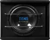 A close-up front view of a black subwoofer box with a silver grille and a blue and white logo. Náhled obrázku produktu