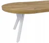 A close-up view of a modern dining table with a wooden top and white X-shaped legs, isolated on a white background. Náhled obrázku produktu
