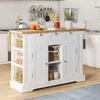 A white kitchen island with a wooden countertop is shown in a kitchen setting. Produktbild-Vorschau
