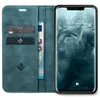 A teal flip-case wallet for a smartphone is open, revealing credit cards, a banknote, and the smartphone screen displaying the time and date. Produktbild-Vorschau