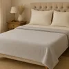 A neatly made bed with a light gray blanket and two cream-colored pillows. Produktbild-Vorschau
