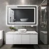 A modern bathroom with a vanity, sink, and a large LED mirror. Produktbild-Vorschau