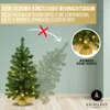 A decorated artificial Christmas tree with lights and a burlap base, shown with a faded ghost image behind it, and marketing text overlay. Produktbild-Vorschau