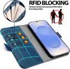 A blue flip case for a smartphone, showing card slots and RFID blocking technology. Produktbild-Vorschau