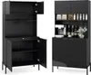 Two views of a black kitchen cabinet/buffet with open and closed doors, displaying various items like coffee maker, bottles, and glassware. Náhled obrázku produktu