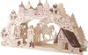 A wooden carved archway with a castle scene, a man, a horse, and a small house. Podgląd zdjęcia produktu