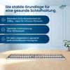 A slatted bed base is shown in the foreground, with marketing text and a logo in the background. Produktbild-Vorschau