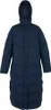 A full-length navy blue puffer jacket with a hood, presented on a white background. Voir les images du produit