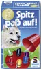 The image shows the front of a game box for 'Spitz paß auf!' by Schmidt Spiele. It features an illustration of a dog and game pieces. Produktbild-Vorschau