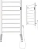 A white electric towel warmer with multiple bars, shown freestanding with a power cord and plug. A smaller, similar towel warmer is visible in the background. Produktbild-Vorschau