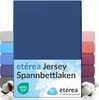 A stack of folded jersey fitted sheets in various colors, with a navy blue sheet prominently displayed in the front. Produktbild-Vorschau
