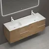 A modern bathroom vanity with a double sink and wooden drawers, mounted on a gray wall. Produktbild-Vorschau