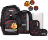 A collection of school supplies including a backpack, pencil case, and other accessories, all with a geometric black, red, and gray pattern. Anteprima dell’immagine prodotto