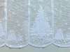 A close-up of a white lace curtain with a Christmas theme, featuring embroidered Christmas trees, gifts, and teddy bears, set against a white background. Produktbild-Vorschau