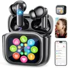 A collage of images showcasing wireless earbuds and their charging case with a smartwatch-like display, along with a smartphone app interface and a woman wearing the earbuds. Produktbild-Vorschau