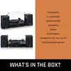 A collage of two images showing a turntable and speakers, with a list of included items on an orange background. Náhľad obrázku produktu