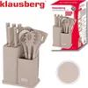 A collage showing a kitchen utensil set in a holder and its packaging. Produktbild-Vorschau