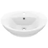 A white ceramic sink with a drain and overflow hole. Produktbild-Vorschau