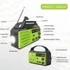 A product display image showing two views of a green and black emergency radio with various features labeled in German. Produktbild-Vorschau