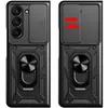 A collage of two images showing a black phone case with a ring stand and a sliding camera cover. The right image has red arrows indicating the sliding mechanism. Produktbild-Vorschau