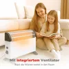A mother and daughter are sitting on the floor next to a white electric heater, reading a book. Produktbild-Vorschau