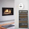 A split image showing a fireplace on the left and a carbon monoxide detector with product information on the right. Podgląd zdjęcia produktu