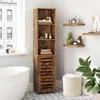 A tall, narrow wooden cabinet with slatted doors and open shelves, situated in a bathroom next to a bathtub. Náhled obrázku produktu