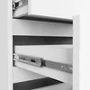 Close-up view of a white cabinet with an open drawer and metal drawer slides. Produktbild-Vorschau