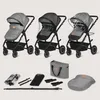A collage of three different configurations of a gray baby stroller and its accessories, laid out against a light gray background. Produktbild-Vorschau