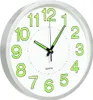 A white wall clock with green luminous numbers and hands. Náhľad obrázku produktu