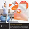 A pregnant woman is doing yoga on a blue exercise ball in a living room, with marketing graphics overlaid on the right side of the image. Produktbild-Vorschau