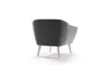 A grey armchair viewed from the back, resting on four light wooden legs, against a plain white background. Náhľad obrázku produktu