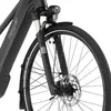 Close-up of the front wheel and suspension of a black electric bicycle. Produktbild-Vorschau