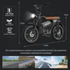 An electric bicycle with dimensions and feature callouts, followed by images of different terrains. Voir les images du produit