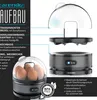 An exploded view and assembled view of an egg cooker, with descriptive text and feature callouts. Voir les images du produit