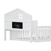 A white wooden crib with a house-shaped headboard and a chalkboard panel. Náhled obrázku produktu
