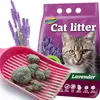 A bag of Hilton cat litter with lavender scent, a cat scoop with clumping litter, and lavender sprigs. Podgląd zdjęcia produktu