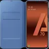 A blue book-style phone case is open, revealing a smartphone screen displaying the time and date. Produktbild-Vorschau