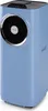 A light blue portable air conditioner with a silver ring around the fan. Produktbild-Vorschau