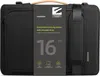 A black laptop bag with a label showing product details. Produktbild-Vorschau