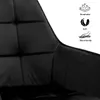 Close-up of a black velvet chair with feature icons. Voir les images du produit