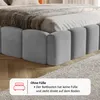Close-up of the base of a bed frame with a text overlay. Produktbild-Vorschau