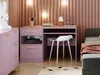 A modern bedroom with a pink desk and a bed. Náhľad obrázku produktu
