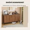 A wooden sideboard with decorative elements and a robotic vacuum cleaner underneath. Produktbild-Vorschau