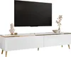 A modern white media console with gold accents and legs, featuring a large flat-screen TV mounted above it. Decorative items like a bust and a vase with dried flowers are placed on the console. Produktbild-Vorschau