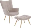 A beige upholstered armchair and matching ottoman with wooden legs are shown against a white background. Náhled obrázku produktu