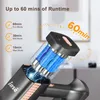 Close-up of a vacuum cleaner's battery pack with text highlighting runtime. Produktbild-Vorschau