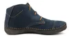 A side view of a single blue leather bootie. Produktbild-Vorschau