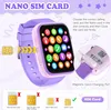 A marketing image showing a purple smartwatch and instructions on how to insert a nano SIM card. Produktbild-Vorschau